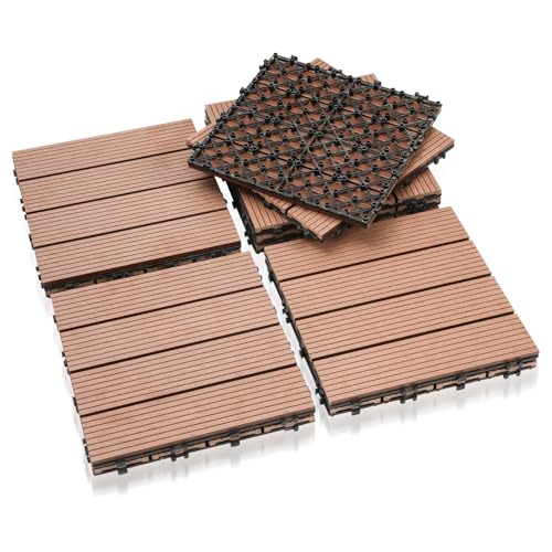 Eulenke WPC - Lot de 11 dalles de terrasse à clipser - 30 x 30 cm - Aspect bois - Revêtement de sol résistant aux intempéries - Pour sol de balcon - 1 m² - Marron-rouge