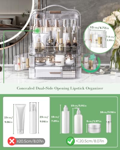 Image of LINFIDITE Cosmetics Storage Box Transparent Lid Large Makeup Organizer Box Drawers Portable Handle Waterproof Dustproof Skincare Display Cases for Countertop, Bathroom, Dresser, PET,Clear Green