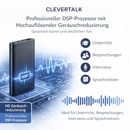 CleverTalk Q1 16GB Mini Aufnahmegerät mit KI-App, Transkription und Übersetzung 100+ Sprachen, Sprachaktivierung, HD Rauschunterdrückung, App-Konfiguration, Android iPhone Mac PC