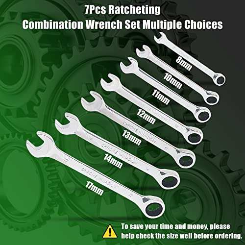 Ocasar 7Pcs Combination Ratcheting Wrench Set, Premium Metric Ratchet Wrench, 8, 10, 11, 12, 13, 14, 17Mm Ratchet Wrenches Set, Cr-V Steel, Chrome Plated #TOP1