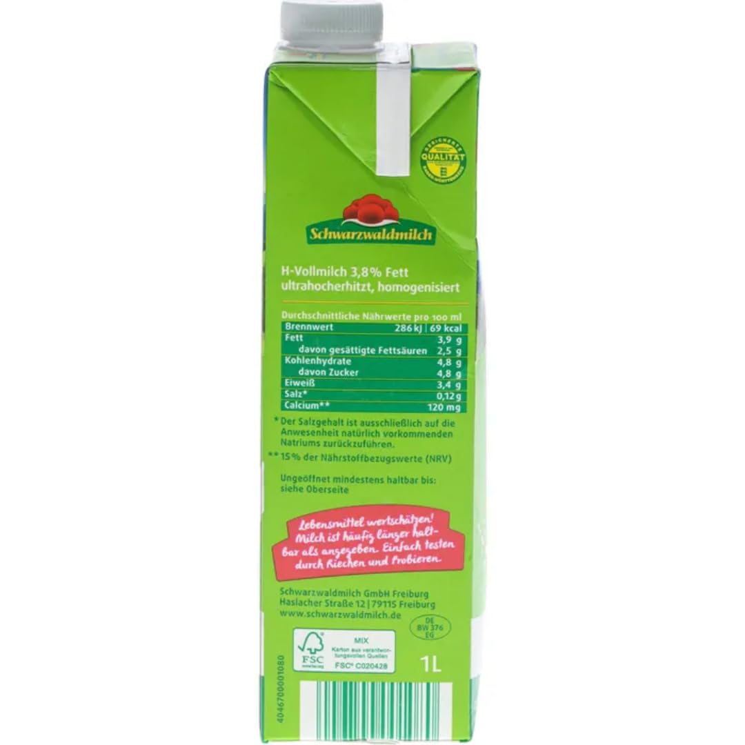 Schwarzwaldmilch Milch fettarme H-Milch, 3,8% Fett Haltbare Milch, Weidemilch, je 1 Liter, 24 Stück+ pufai