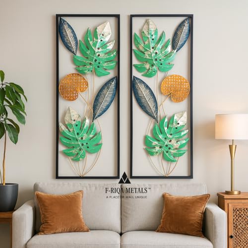 Image of F-RIQA METAL Set of 2 Leaf Design Metal Wall Art | Modern Green & Gold Iron Wall Hanging Frames for Living Room & Bedroom Decor | 36x13 Inch EACH (Handcrafted Metal Wall Decor) (DRAGON-LEAF-SET 2P)
