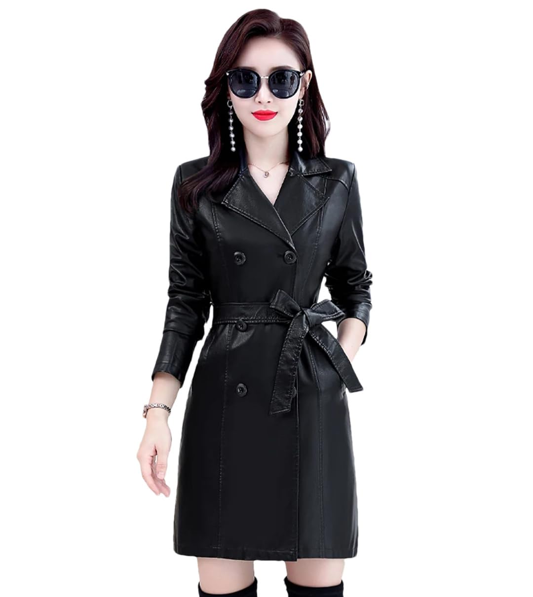 Spring Autumn Women Leather Jacket Outerwear Double Breasted Long Sheepskin Coat With Belt