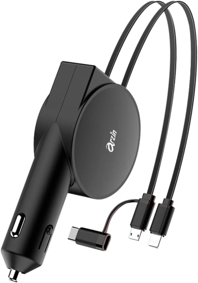 Carregador Veicular Arzin PU24 Super Rápido 40W com Cabo Retrátil, Tipo-C, Micro USB e Lightning, QC4.0 - Ideal para Carregar Celulares e Dispositivos Móveis