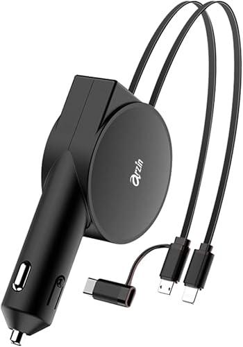 Arzin PU24 - Cargador de coche súper rápido, cargador de encendedor de cigarrillos, cable retráctil, tipo C, micro USB, Lightning, PD 40 W, carga