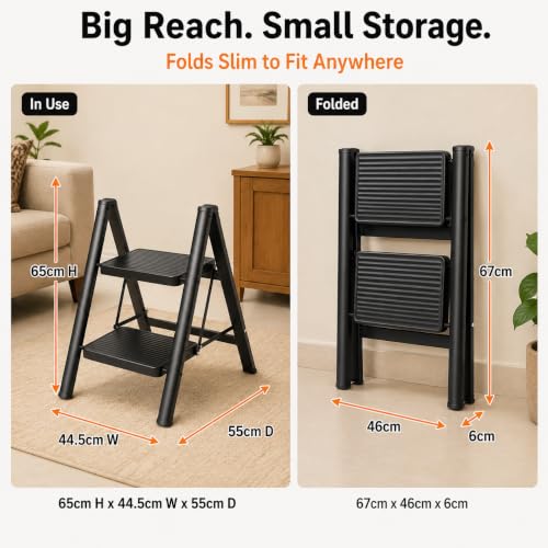 Image of Equal 2 Step Advance Foldable Step Ladder for Home | Carbon Steel | Wide Anti-Slip Steps | 150 Kg Capacity | 3 Year Warranty | Grey