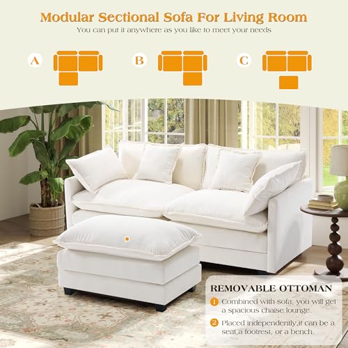Image of 77.6 inch Modular Sectional Sofa,Loveseat Couch for Living Room, Modern Deep Seat Sofa 2 Seater Chenille Fabric Comfy Cloud Couches with Throw Pillows & Ottoman for Living Room,Apartment