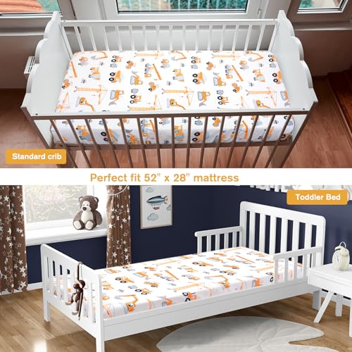 Image of JISEN Baby Crib Sheets Soft Breathable Fitted Crib Sheets for Standard Crib and Toddler Mattress Baby Bed Sheets for Crib for Boys Girls Neutral 52x28 Inch Construction Trucks