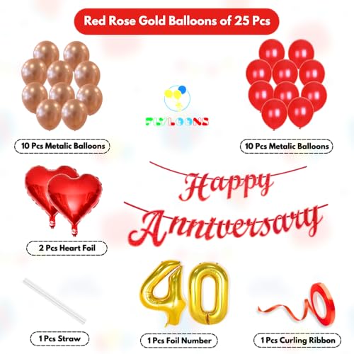 Image of Flyloons 40th Happy Anniversary Decoration Items Red Rose Gold for Men Women Husband Wife Mom Dad Parent Couple Home Bedroom Car With 20 Pcs Metallic Balloons Anniversary Banner 2 Pcs Heart Set Kit