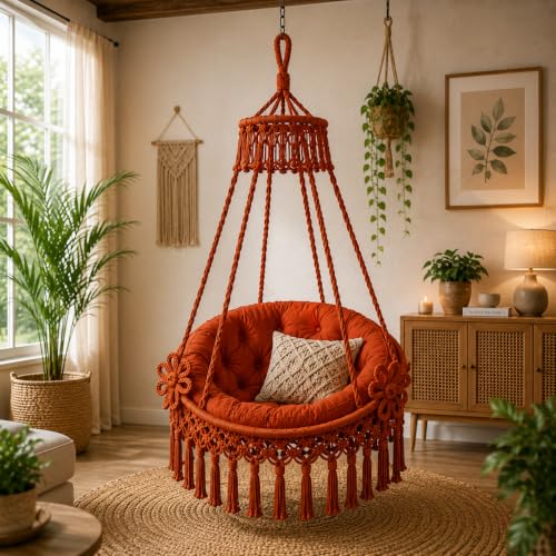 Image of Premium King Size Hammock Chair Swing with Cushion, 200kg Capacity | Indoor Outdoor Heavy Duty Adults & Kids Hanging Jhula for Home, Garden, Patio & Balcony | 1 Yr Warranty (Rust Orange)