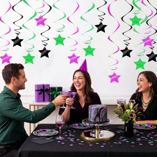 Image of BEISHID Purple Green Black Stars Hanging Swirls Pre-Strung Stars Hanging Decorations for Halloween Monster Truck Birthday Party Baby Shower Decorations Supplies,Pack of 15