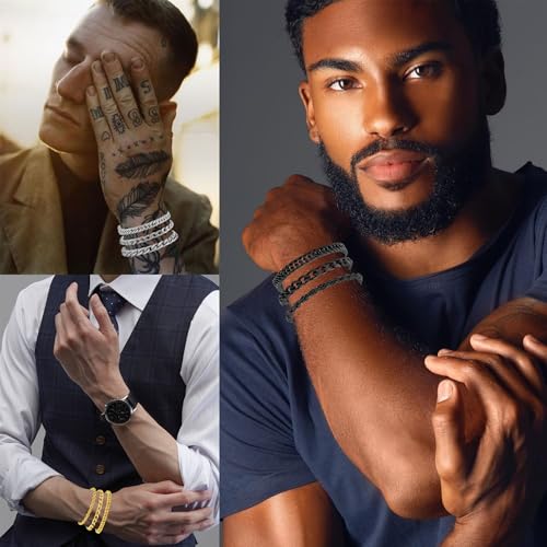 YATOJUZI 6 Pcs Stainless Steel Bracelets for Men Bracelets for Men Cuban Link Bracelet Rope Paperclip Snake Chain Bracelet Set 7.5/8.3/9 Inches Mens Metal Accessories3