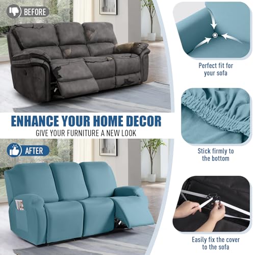 Image of TAOCOCO Recliner Sofa Slipcover, 3 Pieces Polyester Fabric Stretch Sofa Covers for 3 Seat Reclining Couch, Soft Washable Furniture Protector with Pockets (3 Seat, Aqua Blue)