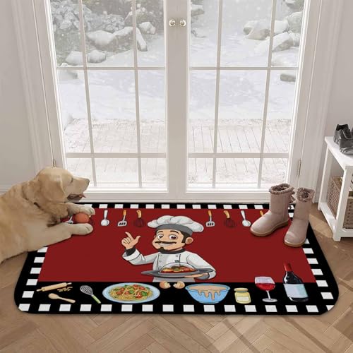 Welcome Doormat, Fun Chef Kitchenware Food Burgundy Red Absorbent Non