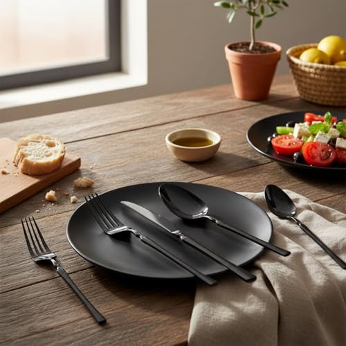 Image of 20 Pcs Black Cutlery Set for Dining Table the Perfect Lightweight Silim Handle Tableware Including Dinner Spoon, Dinner Fork, Dinner Knife, Dessert Spoon & Dessert Fork