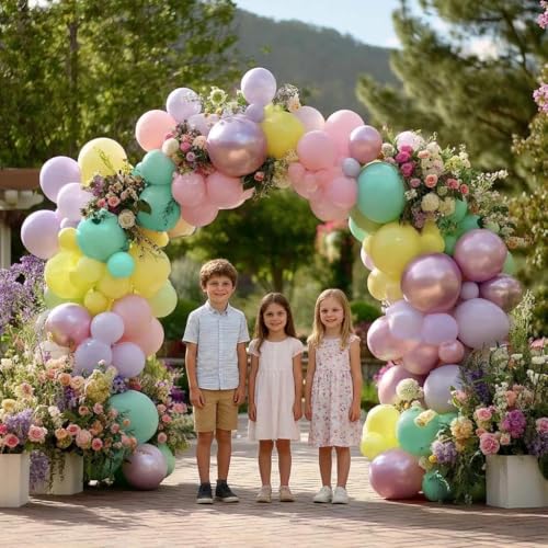 Pastel Balloon Garland Arch Kit Double Stuffed, Baby Pink Purple Yellow Green Balloons with Metallic Lilac Latex for Baby Shower Princess Birthday Spring Easter Flower Fairy Party Decoration — view 2