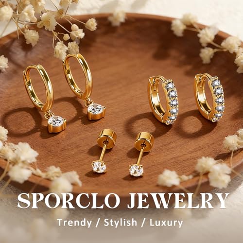 SPORCLO Gold Earrings for Women 3 Pairs Hypoallergenic 14K Gold Plated Dangle Hoop Earrings Stacks Flat Back Surgical Steel Stud Earring Helix Cartilage Piercing Jewelry — view 2