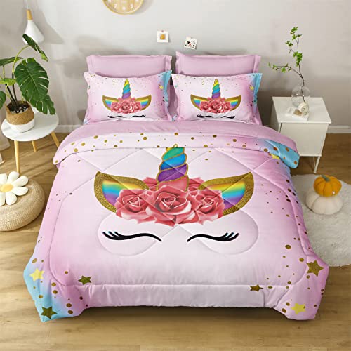 Sirdo Twin Bedding Sets For Girls Pink Unicorn Bed Comforter Sets With Sheets 5 Pieces Kid Girl Bed In A Bag Soft Princess Bedding Colorful Rainbow Bed Set Washable #TOP1