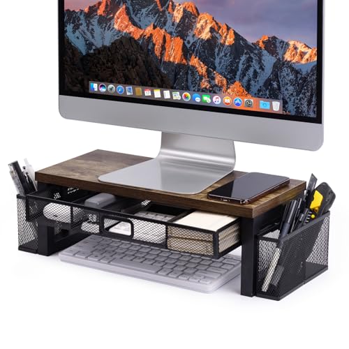 Joyask Computer Monitor Stand Riser for Desk 2 Tier Monitor Shelf for PC Screen Laptop Wooden Desktop Monitor Riser with Drawer Storage Multifunctional Computer Screen Stand Fits Home & Office