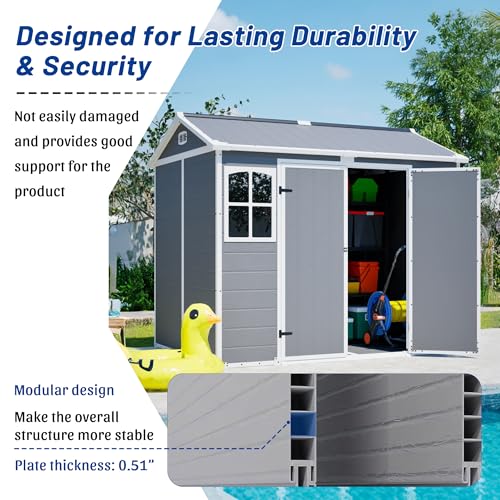 Image of YOPTO 8x6 FT Plastic Shed,Outdoor Storage Shed W / 2 Windows & Floor,Resin Garden Tool House W /Lockable Door,Integrated Drainage Holes & Air Vents,for Backyard,Patio,Lawn,Gray-White
