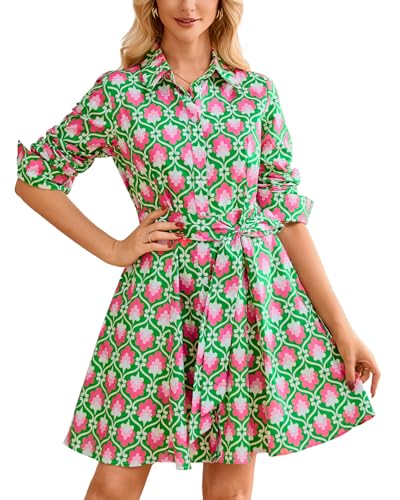 Image of Women's Printed Button Down Shirt Dress Long Sleeve Belted Mini Dress