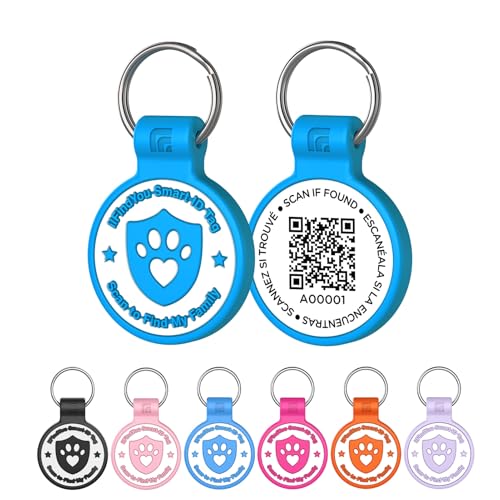 ilFindYou Silicone Dog Tags Personalized for Pets with QR Code, Emergency Contact Info, Anti-Lost, Scan Location Alerts(Blue-L)