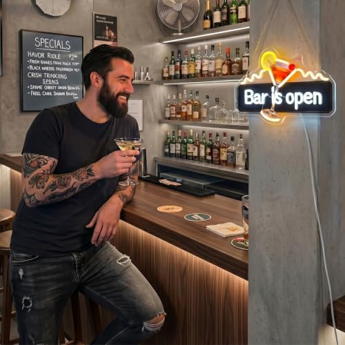 Image of Bar Open Neon Sign for Wall Decor Dimmable Bar is Open Neon Light for Bar Pub Club Bistro Man Cave USB Powered Light Up Business Store Sign