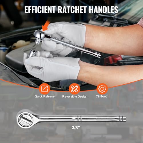 Image of VEVOR Mechanics Tool Set 221Pieces - 1 /4 inch and 3 /8 inch Drive Sockets - SAE and Metric Mechanic Tool Kit with Bits - Wrenches, Ratchet Handle, Accessories, and Plastic Storage Case - for Automotive Repair