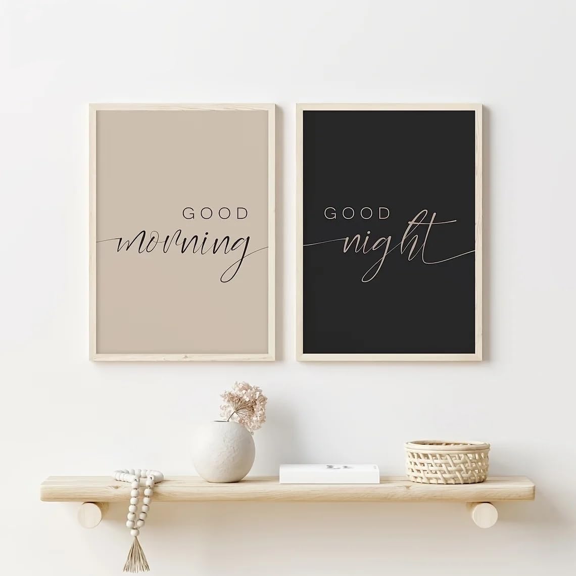 SDVIB Guten Morgen Gute Nacht Leinwanddrucke in Schreibschrift, neutrales Beige, Schwarz, minimalistisches Schlafzimmerdekor-Poster (60x80cm/2 Stück rahmenlos)