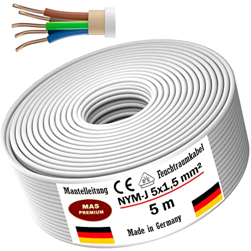 MAS Premium Cable de alimentación revestido para ambientes húmedos, 5, 10, 15, 20, 25, 30, 35, 40, 50, 60, 70, 75, 80, 90 o 100 m, NYM-J, 5 hilos de 1,5 mm², cable de anillo para instalación fija (5 m