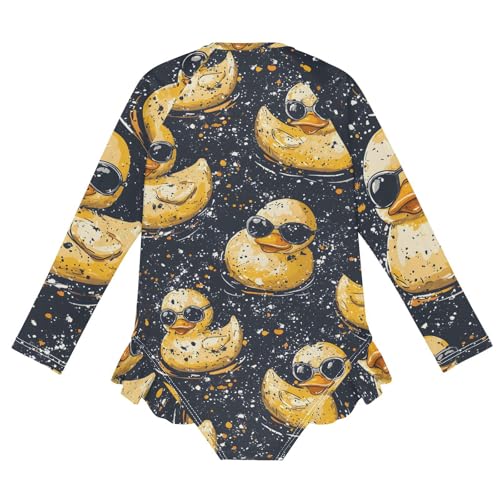 Girls One Piece Swimsuits Long Sleeve Swimsuit Zipper Bathing Suits Cool Rubber Duck Black2