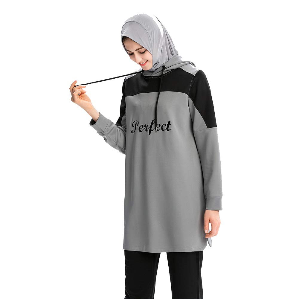 Muslim Tracksuit Hoodies Islamic Sweatsuit Sweatshirt Muslimah Sports Pullover (2XL, Grey)