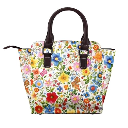 Leather Shoulder Bag for Women, Colorful Spring Flower Studded Purse Red Yellow Floral Crossbody Handbags Punk Hobo Bag with Adjustable Strap2