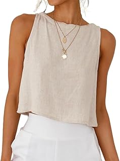 Womens Linen Crop Tops Summer Casual Loose Crewneck Sleeveless Tank Top Linen Shirts