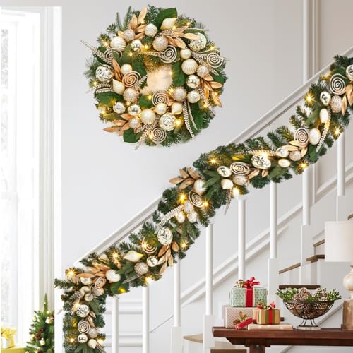 Pre-Lit Christmas Wreath for Front Door, 24 Inch Large Christmas Wreath with 20 LED Lights, Artificial Xmas Wreath with Gold Leaves, Balls and Ornaments for Fireplace, Outdoor, Window