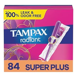 Tampax Radiant Tampons with LeakGuard Braid, Super Plus Absorbency, Unscented, 28 Count x 3 Pack (84 count total)