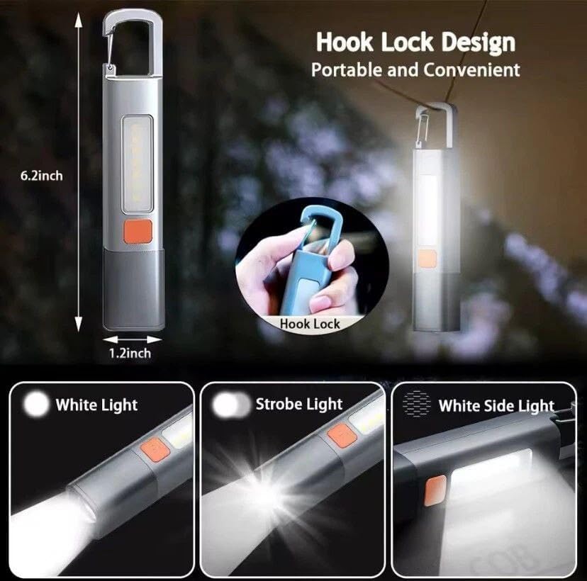Image of TRENDING Rechargeable LED Flashlight with COB Side Light - USB Type-C Portable Torch Light with Hanging Hook, Emergency Work Light for Camping, Home, Outdoor & Power Cut