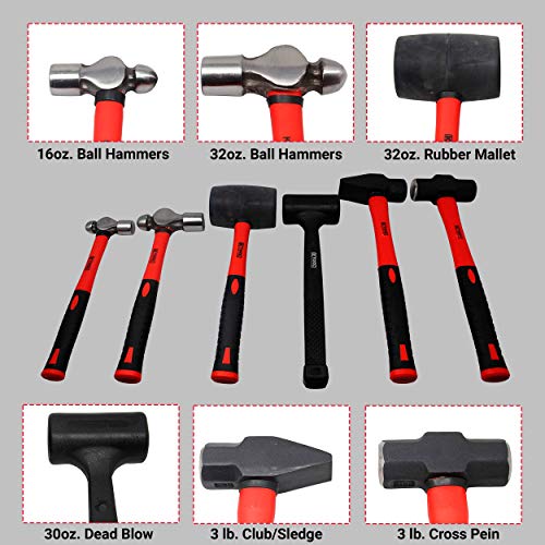 K Tool International 71770 6 Piece Hammer Set for Garages, Repair Shops, and DIY, Carbon-steel Forged, Heat Treated, Fiberglass Handle, TPR Grip, Sledge, Cross Pein, Mallet, Dead Blow, Ball Hammers