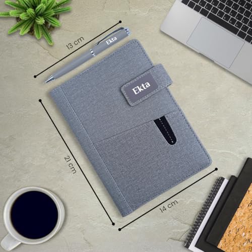 Image of Giftana Personalized Jute Diary with Pen Gift Set, Customized 2 in 1 Organiser Office Diaries Notebook A5 Size, Diwali Corporate Gifts for Employee (Grey)