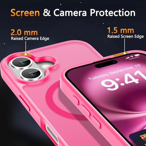 Image of LATVIN for iPhone 16 Plus Case, Magnetic Phone Cover, Compatible with MagSafe, Military Grade Protection, Translucent Matte Frosted Back, Hot Pink