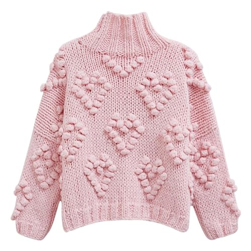 Image of CHICWISH Womens Turtleneck Sweater Heart Pom Pom Pullover Sweaters Long Sleeve Loose Chunky Knit Sweater Tops