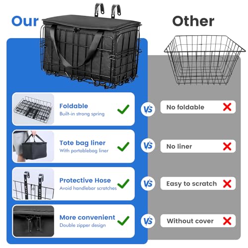 Bike Basket Front Bike Basket Folding Bike Basket with Removable Liner Bag Quick Release Bicycle Front Bicycle Bike Baskets Removable Small Pet Cat Dog Carrier Detachable Cycling Picnic Bag