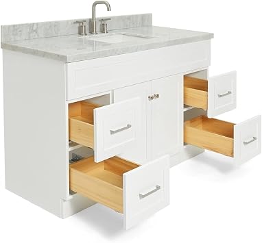Bradford 54 White Bathroom Vanity, 1.5 Edge Italian Carrara Marble Countertop, Rectangular Undermount Sink, 2 Soft Closing Doors, 4 Dovetail Drawers