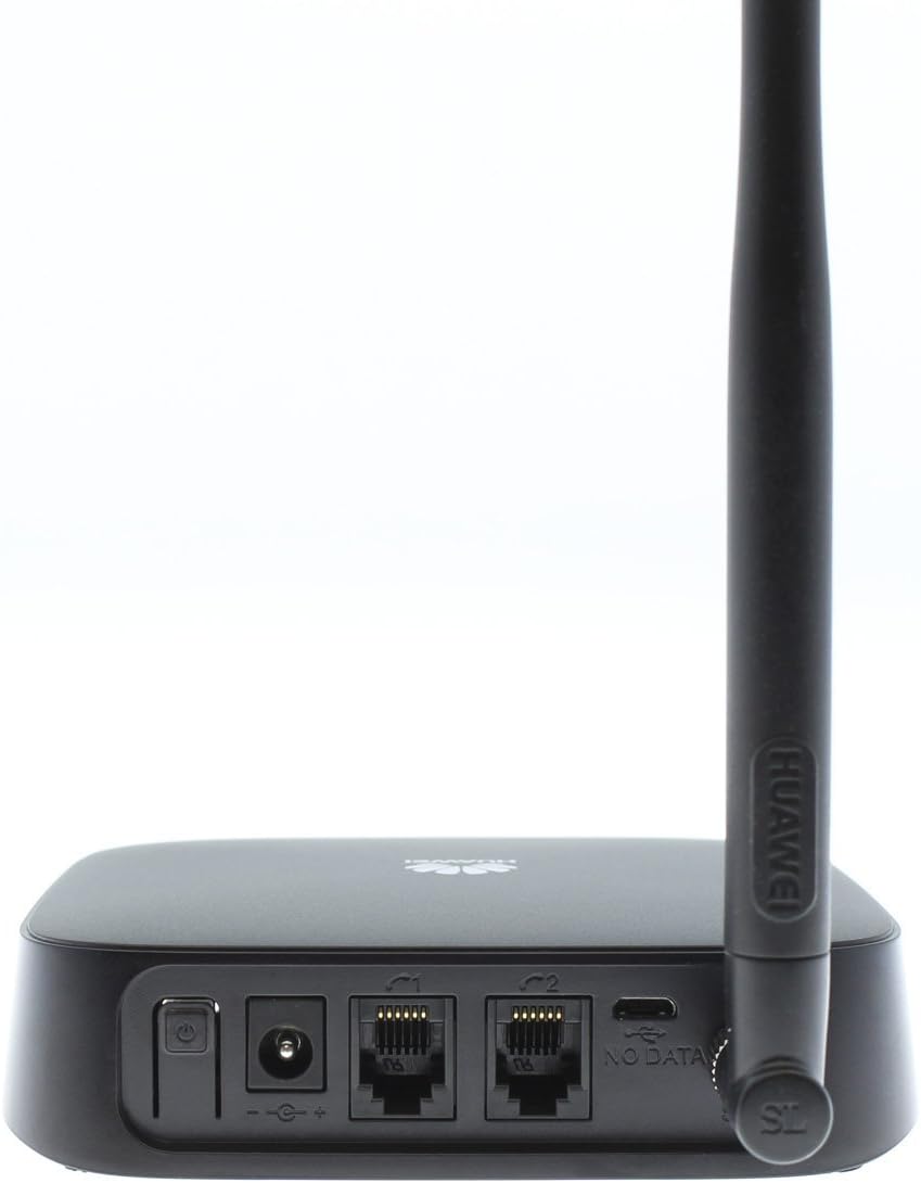 Bag view of the Huawei ETS1162 showing ports for power, two RJ11 phone lines, and a USB port.