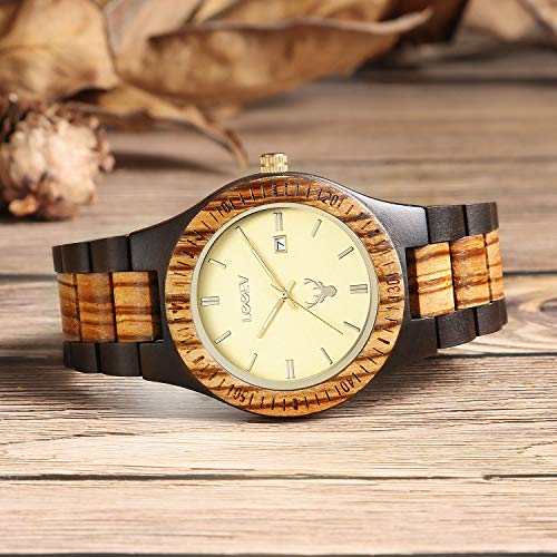 Wooden Watches, Uwood Series Zebra Sandalwood Japanese Quartz Analog Watch for Men with Calendar Unisex Wristwatch4