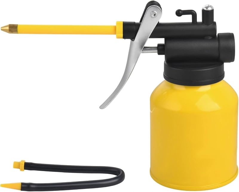 Hand Pump Oiler Can 250ml (8 oz) Yellow Metal Oil Can with Straight & Flexible Spout, Ergonomic Trigger for Precision Lubrication for Auto, Bike, Machinery & DIY