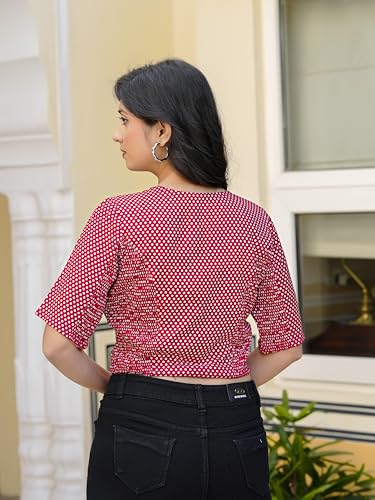 Image of Yash Gallery Women's Rayon Trendy Polka Dot Design Blouse with Bobbin Elastic & Adjustable Front Dori
