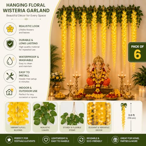 Image of Tia Crafts Polyester Artificial Hanging Flowers For Ceiling Balcony | Wisteria Vine | Home Party Decor Garden Outdoor Greenery Office Wall Decoration | Waterproof Washable - 3.7Ft /45 Inch (Yellow, 6)