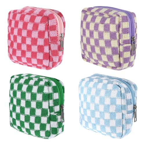 Image of 4Pcs Sanitary Napkin Storage Bag, Portable Period Bag for Teen Girls Woman, Pad Pouch Tampon for Purse, Reusable Zipper Period Pouches for Teen School Office Travel Feminine Care Organizer, Plaid