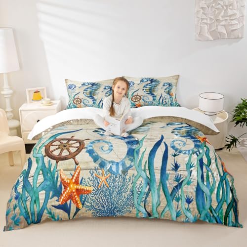 Manfei Kids Seahorse Bedding Set Queen Size,Ocean Animal Duvet Cover with 2 Pillowcases,Seaweed Starfish Compass Comforter Cover for Kids Teens Room Decor,Vintage Sea Blue Quilt Cover